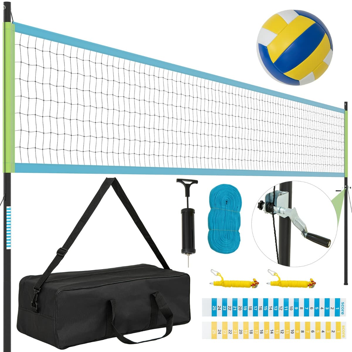 CostwayFilet de Volleyball Système de Filet de Volleyball avec Poteaux Réglables en Hauteur Tableaux de Score Pompe Ligne de Limite Vert