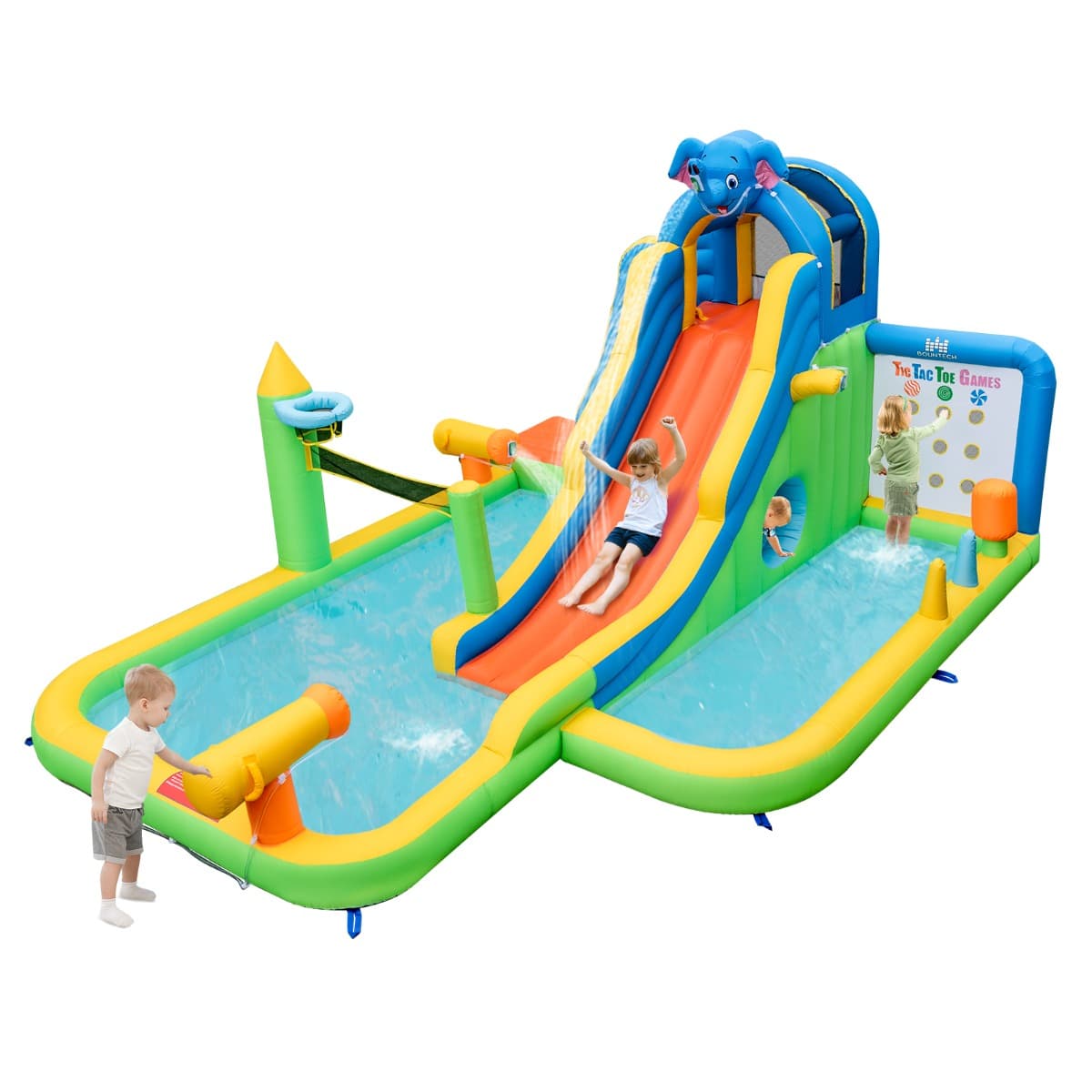 CostwayToboggan Aquatique Gonflable Géant pour Enfants Piscine à Éclaboussures sures Mur D'escalade Canons à Eau Lancer D'anneaux Cerceau (sans